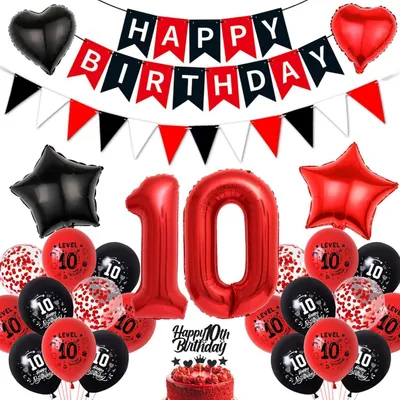 Produktbild von Deko Set 10. Geburtstag Junge Schwarz Rot Luftballons Banner Girlande Zahlenballons Tortendeko