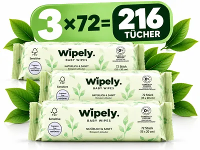 Produktbild von Wipely Baby Feuchttücher Sensitive 3er Set (216 Stück) – 99% Wasser, Ohne Parfum & Alkohol, getestet, Biologisch abbaubar, recycelbar