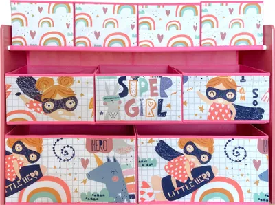 Produktbild von Super Girl Kinderregal – Holzregal mit 9 Textilboxen für Spielzeug und Bücher