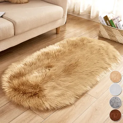 A fluffy, oval rug in a light brown (khaki) color is placed on a wooden floor next to a beige sofa. Several color swatches are shown on the right side of the image.