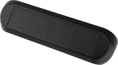 A black solar-powered LED facade light with a textured surface, shown from a diagonal angle against a white background.