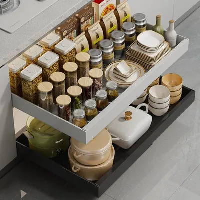Obrázek produktu pro Ibenzoa® Výsuvný, nastavitelný organizér do skříně s teleskopickou zásuvkou – kov, bílá barva, do šířky 52 cm, vhodný do kuchyně i koupelny