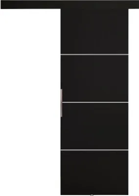 A black sliding door with silver accents is shown against a white background.