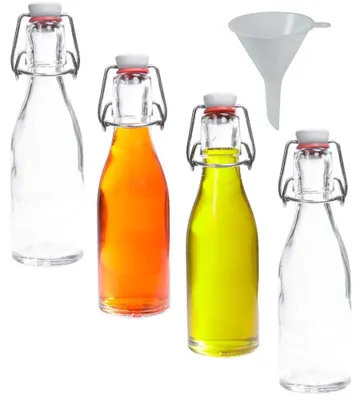 4 Glasflaschen mit Bügelverschluss, 200 ml, inkl. Trichter