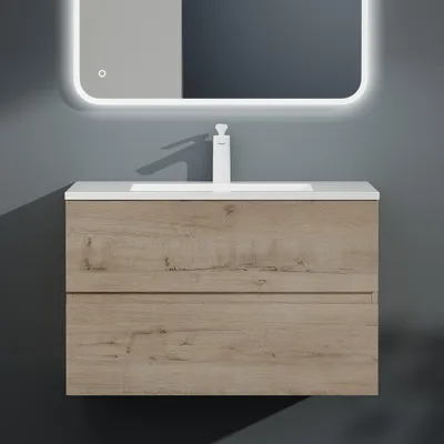 Produktbild von Mai & Mai Badmöbel-Set Waschbeckenunterschrank 80x48x50cm in Eiche Greige 2-Schubladen mit Soft-Close inkl. Mineralguss Waschbecken Aqualis