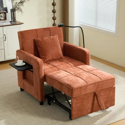 Produktbild von STILVORA Zwei-in-eins-Schlafsessel Einzelschlafsofa mit 5-fach verstellbarer Rückenlehne (105°–180°), Schlafsessel mit Chenille-Bezug, Kissen, Seitentaschen und integriertem Tischchen, Liegesessel wandelbares Funktionssofa für Wohnzimmer,Orange