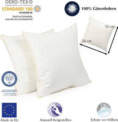 Obrázok produktu pre Sada 2 vankúšov z peria 50x50 cm | výplň vankúša 700g 100% perie | certifikovaný vankúš | poťah 100% bavlna