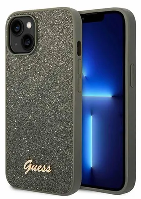 Imagen del producto de Funda rígida con brillo y diseño tipo caligrafía, color verde, compatible con iPhone 14 Plus/15 Plus de la marca Guess (modelo Guhcp14Mhggshn)