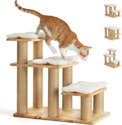 Image de Escabeau pour chiens et chats en bois de caoutchouc naturel et jute - 3 marches, hauteur réglable 18-50 cm, jusqu'à 90 kg, coussin en peluche lavable inclus