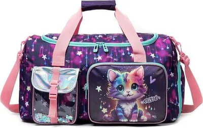 Produktbild von Reisetasche für Kinder, Mädchen, Balletttänzerinnen, Sporttasche, Weekender mit Schuhfach, Handgepäcktasche, Dunkellila, mit Katzenmotiv, Reise