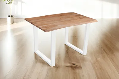 Produktbild von Esstisch Baumkante Akazie massiv eichenfarben 120 x 80 cm U-Gestell weiß DEREK