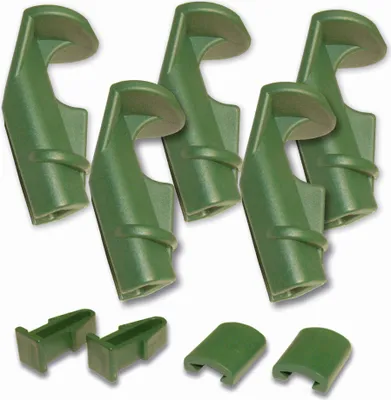 A set of green plastic aquarium filter parts arranged on a white background.