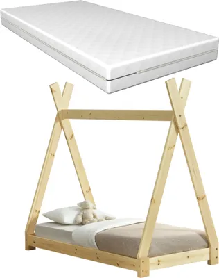 Produktbild von [en.casa] Kinderbett aus Kiefernholz mit Matratze 70x140cm Tipi-Design Bett Holzbett Hausbett Kaltschaummatratze  Standard 100 Allergikergeeignet Atmungsaktiv