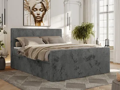 Produktbild von MKS MEBLE Boxspringbett Cord 160x200, Polsterbett Bett Cord, Boxspringbett mit Matratze H3, Bett 160x200 mit Bettkasten und Kopfteil, Doppelbett mit Stauraum, Topper T25 -Tiliano Duo - Grau Cord - H3