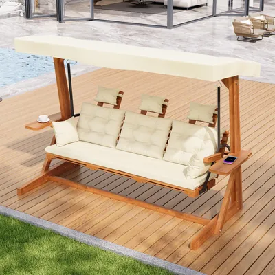 Produktbild von 3-Sitzer Hollywoodschaukel Lärche Massivholz Gartenschaukel mit Liegefunktion & Fußstütze 200kg Belastbar Natur
