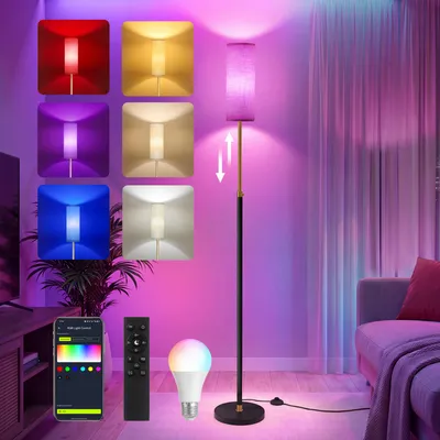 Obrázek produktu pro VASAGLE LED stojací lampa, stmívatelná s RGB, výškově nastavitelná, vhodná do obývacího pokoje, rozměry 25 x 25 x 148-178 cm, černá