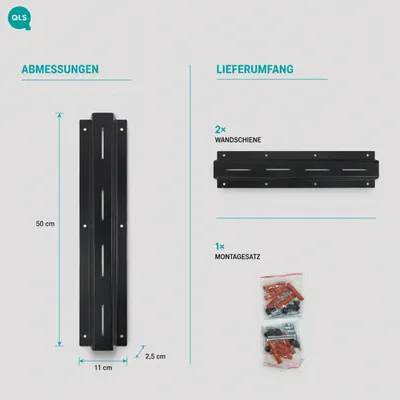 Produktbild von QLS Wandschienen 50 cm aus Stahl für modulares Regalsystem Schwarz 2 Stück 11494