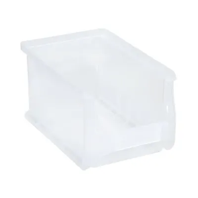 A clear, studio shot of a transparent plastic storage bin on a white background.