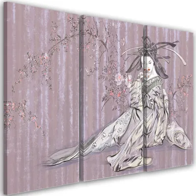 Produktbild von Triptychon auf leinwand traditionelle japanische geisha 120x80 cm Feeby lila wandbild bereit zum aufhängen
