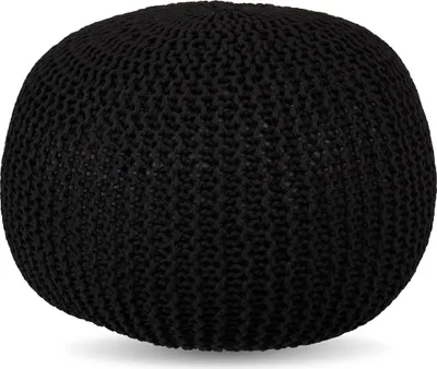 Immagine prodotto di Pouf Relaxdays, lavorato a maglia, A x P: 33 x 46 cm, imbottitura in polistirolo, cuscino rotondo da terra, sgabello boho, pouf, nero