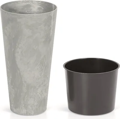 Two plant pots are shown against a white background. One is a tall, slender gray pot with a marbled effect, and the other is a shorter, wider black pot.