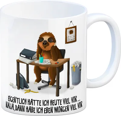 Produktbild von Kaffeebecher mit Faultier im Büro Motiv und Spruch: Eigentlich hatte ich heute