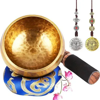 Produktbild von Klankschaalset mit Klöppel und Kissen, handgefertigt, für Yoga und Meditation