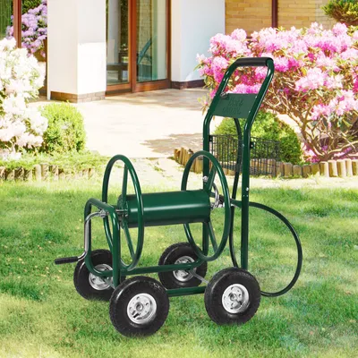 Produktbild von GOPLUS Schlauchwagen Gartenschlauchwagen Schlauchtrommel Schlauchaufroller, aus Eisen und Gummi, mit Korb, grün, 96x62x113cm