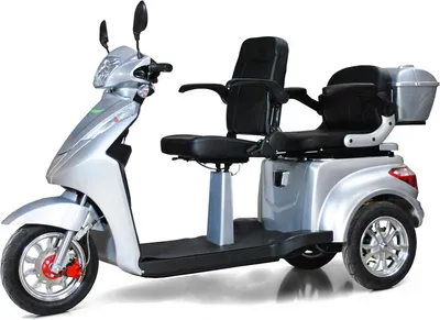 A silver electric three-wheeled scooter with two seats, presented against a white background.