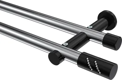 Produktbild von Interdeco Gardinenstange / Vorhangstange Chrom / Schwarz, Typ Platon Zoena (Glitzerzylinder) ohne Ringe, 20 mm Ø 2-läufig, 320 cm