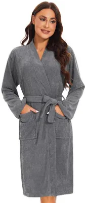 Produktbild von Damen leichter Bademantel Grau im Kimonostil mit Tasche für Sauna