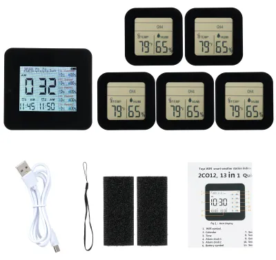 Produktbild von 13-in-1-Digital-Hygrometer, Innen-/Aussenthermometer mit 5 Fernsensoren, multifunktionale Wetteruhr, kabelloses Temperatur-/Feuchtigkeitsmessgeraet mit 60?m Reichweite