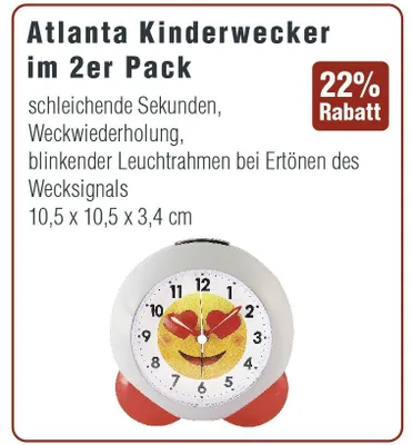 Produktbild von Atlanta Kinder Armbanduhr MA012 Kinderwecker, 2 Stück Quartz, schleichende Sekunde, Weckwiederholung, blinkender Leuchtrahmen bei Ertönen des Wecksignals