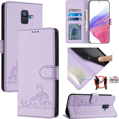 Produktbild von Leder Hülle für Samsung Galaxy A6 2018 Süße Katze Flip Case Brieftasche Schutzhülle mit Standfunktion Lila