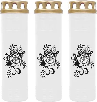 Produktbild von Grabkerze Weiß 3er Pack, Brenndauer: 170 Stunden ( je Kerze ), Motiv: Rose Ranke
