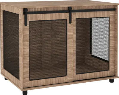 A dog crate furniture piece with sliding doors and mesh panels.
