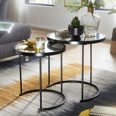 Obrázok produktu pre FineBuy Design Okrúhly odkladací stolík Ø 50/42 cm – 2-dielny, čierny so zrkadlovým sklom, obývačkový stolík, sada 2 ks, zrkadlový stolík, konferenčný stolík
