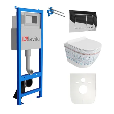 Produktbild von Lavita LAV 101 Vorwandelement für WC 40cm + Wand Hänge Tiefspül WC SOFI SLIM FOLKLOR Spülrandlos + Bedienplatte LAV 200.1.2 Verchromt  | Komplettset | Unterputz Spülkasten | Toilette Komplett Sett