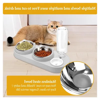 Produktbild von 3-in-1 Katzennapf- und Wassernapf-Set - Neigbarer Katzennapf aus Edelstahl mit automatischem Wasserspender für Haustiere und abnehmbarem Futternapf für Katzen und kleine Hunde