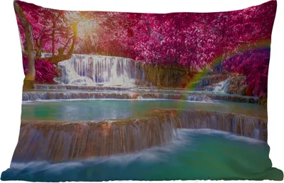 Produktbild von MuchoWow® Outdoor Kissen - Wasserfall - Regenbogen - Bäume - Rosa - Natur - 50x30 cm - Wetterfest - Lounge Kissen - Sofa kissen - Wohnzimmer Dekoration