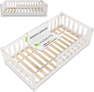 Produktbild von Juskys Kinderbett Naya 80x160 cm mit Rausfallschutz & Lattenrost - Holz Bodenbett Weiß