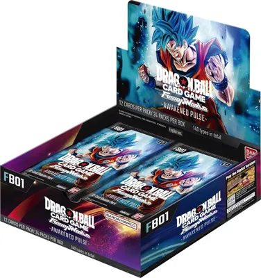 A display box of Dragon Ball Super card game booster packs.