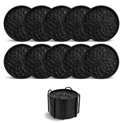 Produktbild von Glasuntersetzer Silikon 10er Set mit Halter, schwarz, rutschfest, spülmaschinengeeignet, hitzebeständig, für Küche Wohnzimmer Bar & Tisch