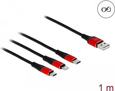 Produktbild von DeLOCK USB Ladekabel 3 in 1 for Lightnin / Micro USB / USB Type-C 1 m, 1 m, USB A, USB C/Micro-USB B/Lightning, USB 2.0, Schwarz, Rot