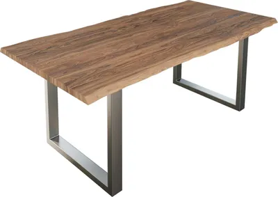 Produktbild von Esszimmertisch 200x100 cm Lauren, Baumkantentisch aus Akazienholz, massiv + stonefarben, U-Metallgestell Silber, Esstisch mit echter Baumkante