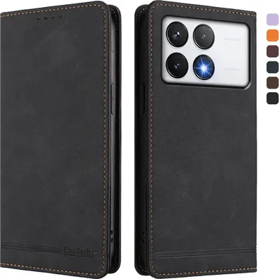 Image de Etui pour Xiaomi Poco F6 Pro, étui rétro en cuirPolyuréthaneavec support et fentes pour cartes de crédit Noir