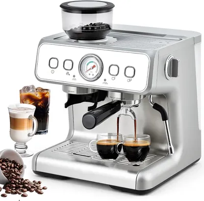 Produktbild von HAUSPROFI Siebträgermaschine mit integriertem Mahlwerk, 15 Bar Espressomaschine mit Manometer & Milchaufschäumer, 2,8L Tank