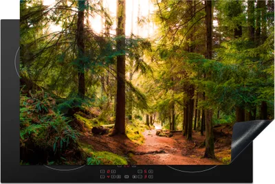 Produktbild von KitchenYeah© Herdabdeckplatte Wald - Weg - Bäume - Grün - Sonne - Natur , 81x52cm, Küche Deko, Glaskeramikkochfeld Herdabdeckung, Abdeckplatte fùr Kochfeld
