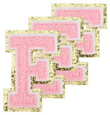 Produktbild von Buchstaben zum Aufbügeln - 3,3 Zoll - 3 Stück bestickte Aufnäher mit Goldrand für Kleidung und Textilien - Pink Buchstabe F