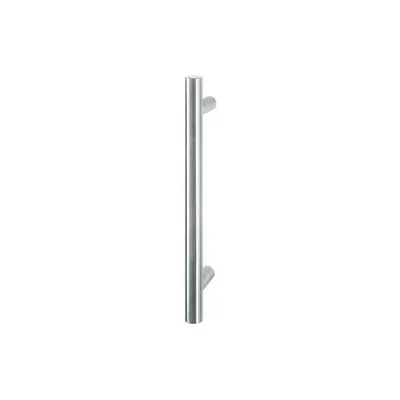 A single stainless steel door handle is shown against a white background.